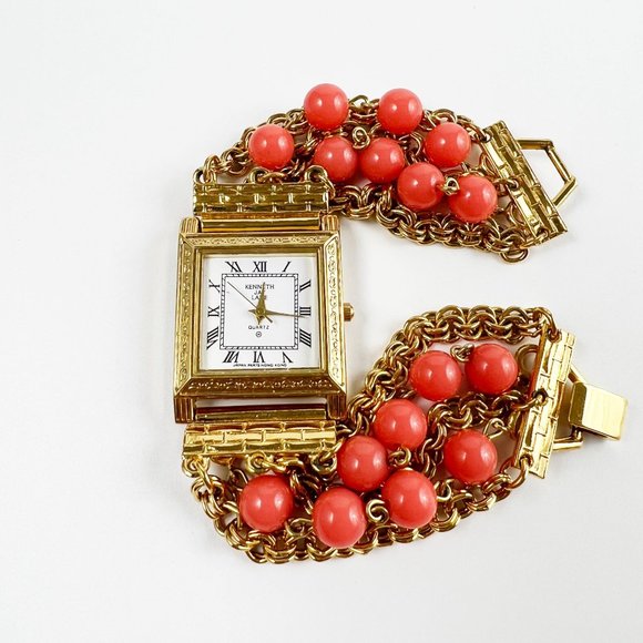 Vintage Kenneth Jay Lane KJL Gold Tone Faux Coral Beads Bracelet Watch main image 5